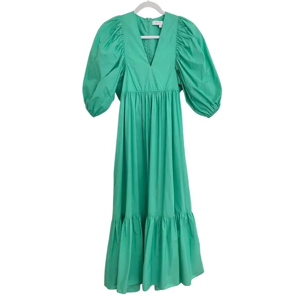 Hunter Bell Palmer Midi Maxi Puff Sleeve Ruffle Dress Emerald Green Tuckernuck - Picture 6 of 9